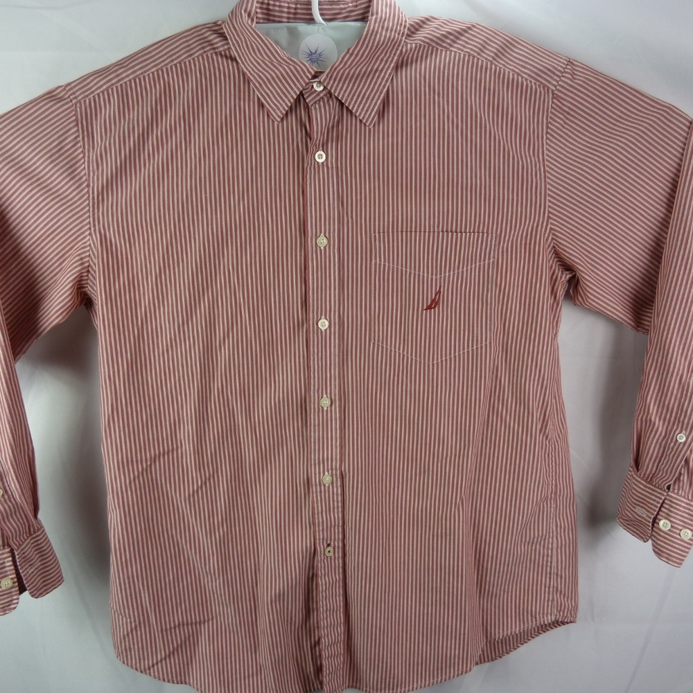 Nautica Red White Stripe Button Front Shirt Size L